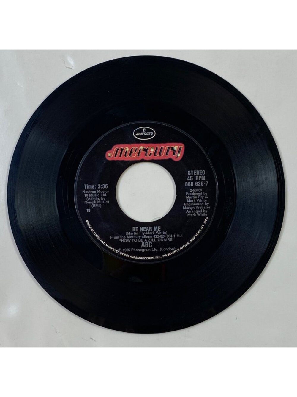 Vintage 1985 Abc Mercury Record 45 Rpm Single "Be Near Me"/"A To Z" Collectible